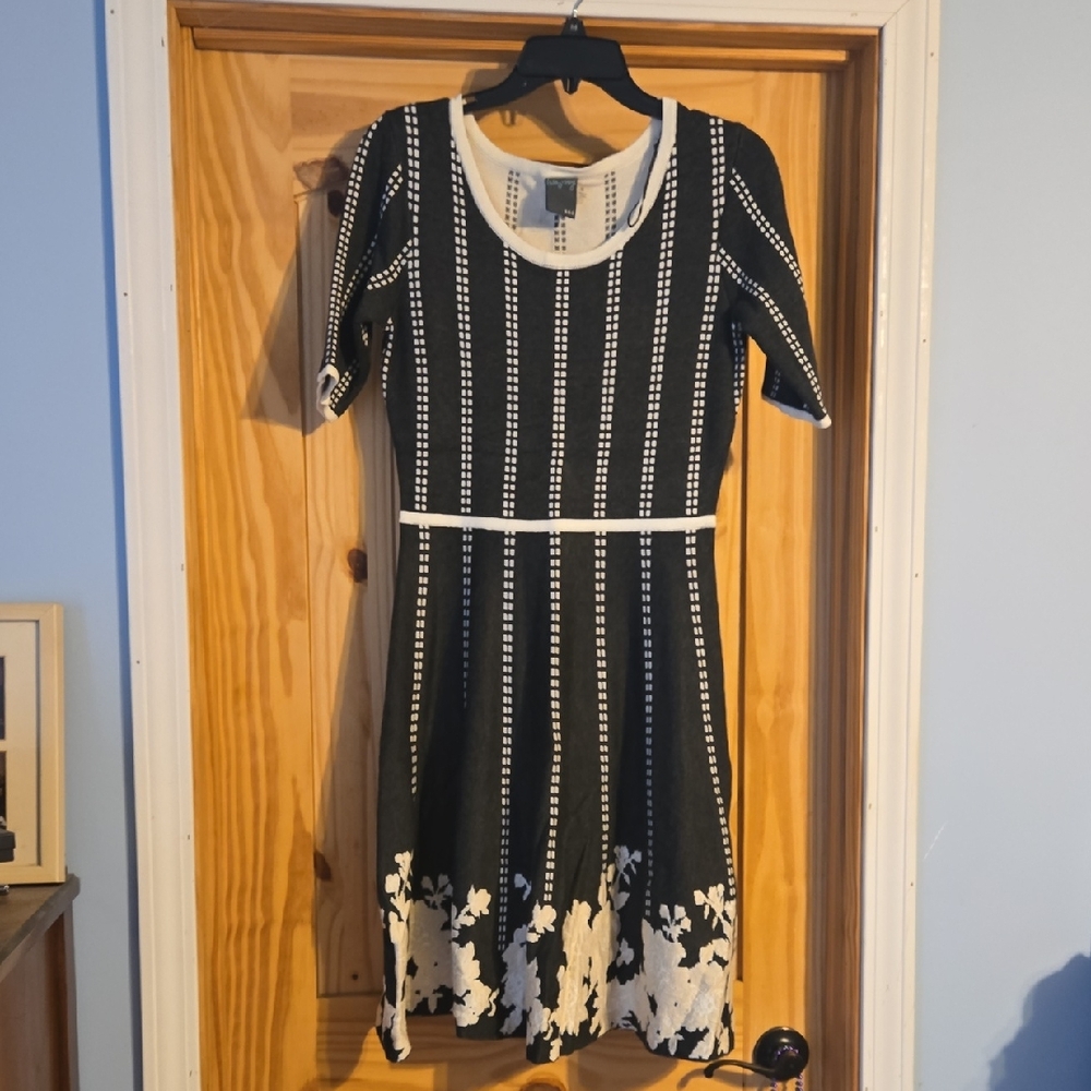 Gabby Skye Black and White Striped Floral Midi Dress